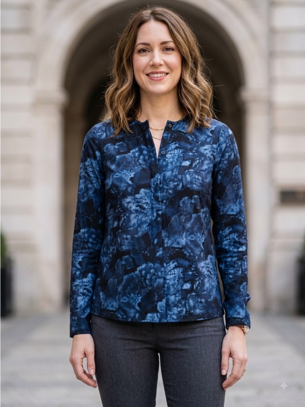 Elizabeth and James Dark Floral Print Silk Button-Up Blouse